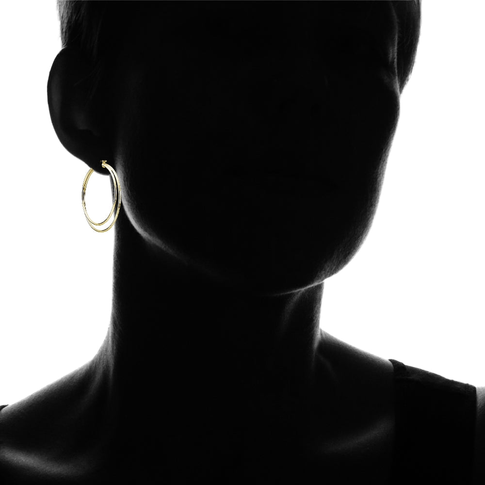 Yellow Gold Flashed Sterling Silver Double Circle Square-Tube Diamond Cut 40mm Round Hoop Earrings-4