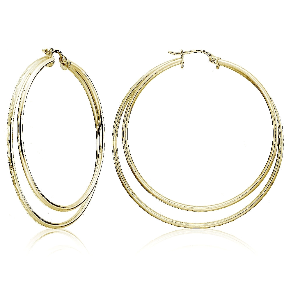 Yellow Gold Flashed Sterling Silver Double Circle Square-Tube Diamond Cut 45mm Round Hoop Earrings