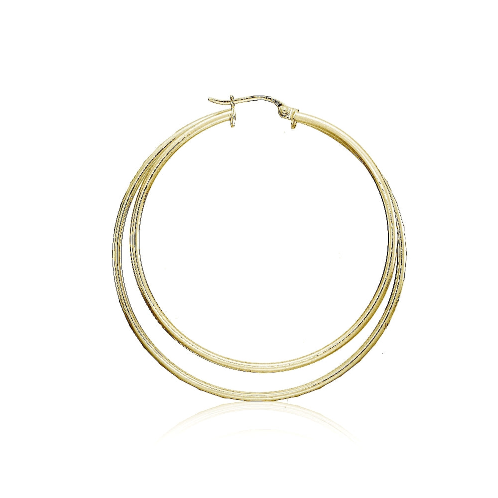 Yellow Gold Flashed Sterling Silver Double Circle Square-Tube Diamond Cut 45mm Round Hoop Earrings-2