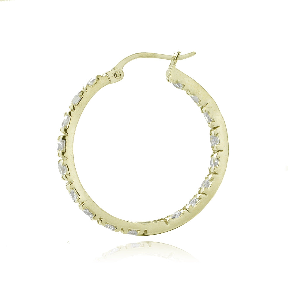 Yellow Gold Flashed Sterling Silver Cubic Zirconia Inside Out 25mm Round Hoop Earrings-2