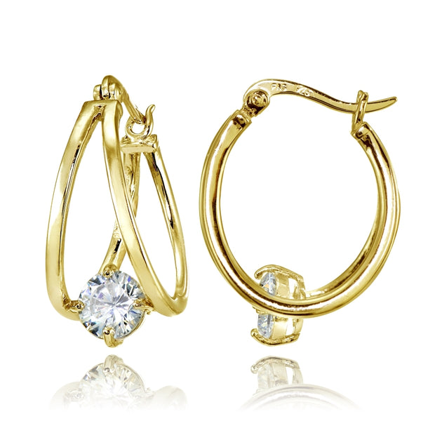 Yellow Gold Flashed Sterling Silver Oval Double Hoop Cubic Zirconia Earrings
