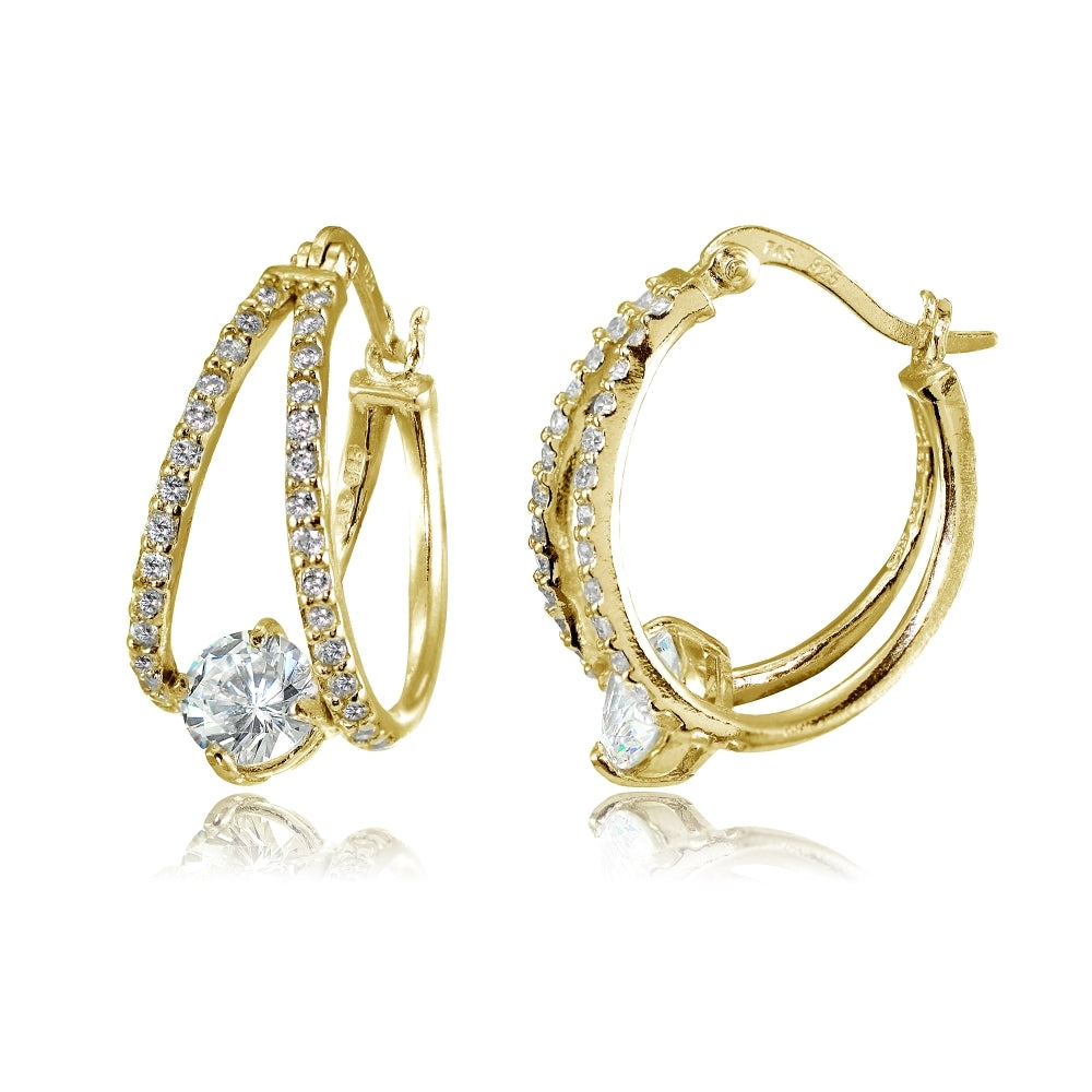 Yellow Gold Flashed Sterling Silver Cubic Zirconia Oval Double Hoop Earrings