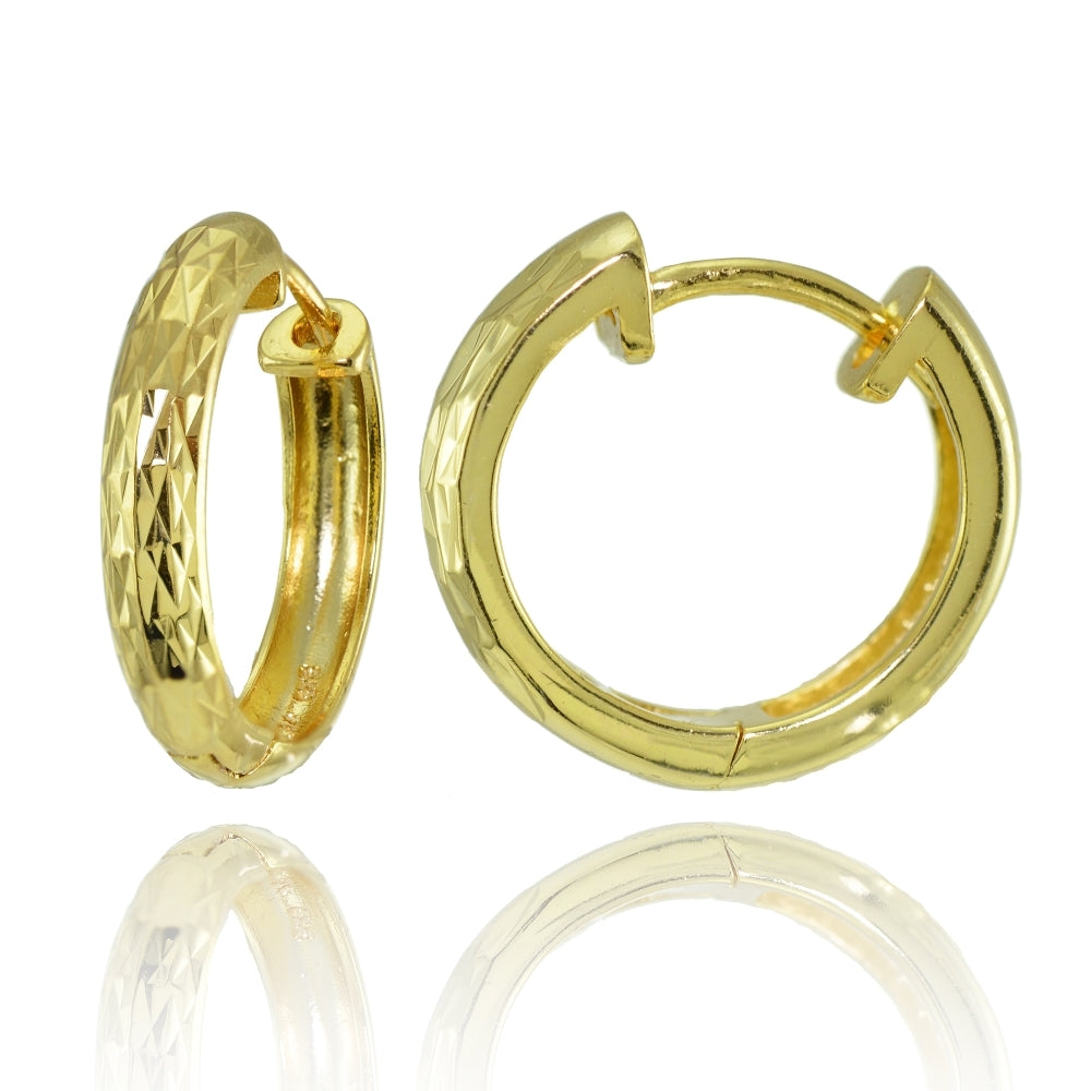 Yellow Gold Flashed Sterling Silver Diamond-Cut Hinged Huggie 4x15mm Hoop Earrings