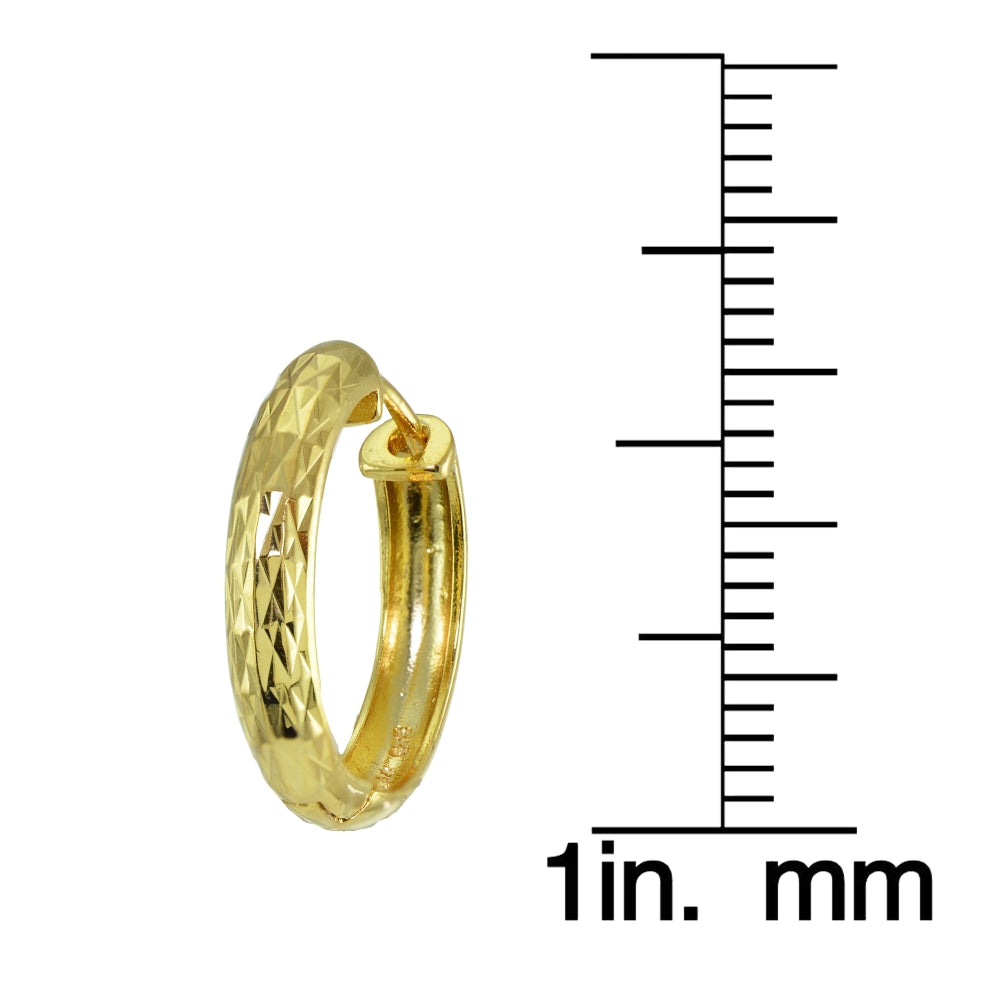 Yellow Gold Flashed Sterling Silver Diamond-Cut Hinged Huggie 4x15mm Hoop Earrings-2
