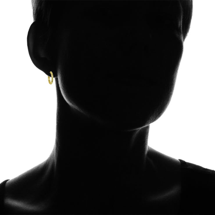 Yellow Gold Flashed Sterling Silver Diamond-Cut Hinged Huggie 4x15mm Hoop Earrings