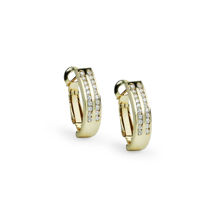 Yellow Gold Flashed Sterling Silver Cubic Zirconia Two Row Clutchless Oval Half Hoop Earrings
