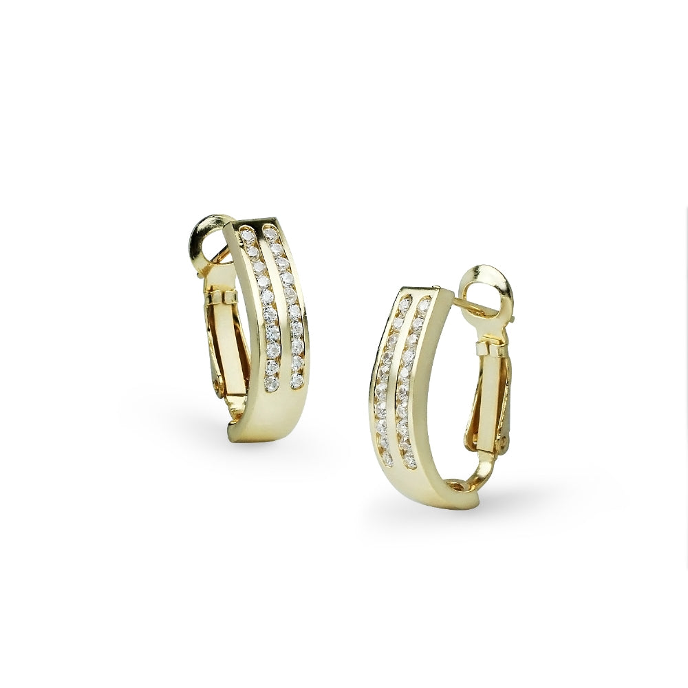 Yellow Gold Flashed Sterling Silver Cubic Zirconia Two Row Clutchless Oval Half Hoop Earrings-2