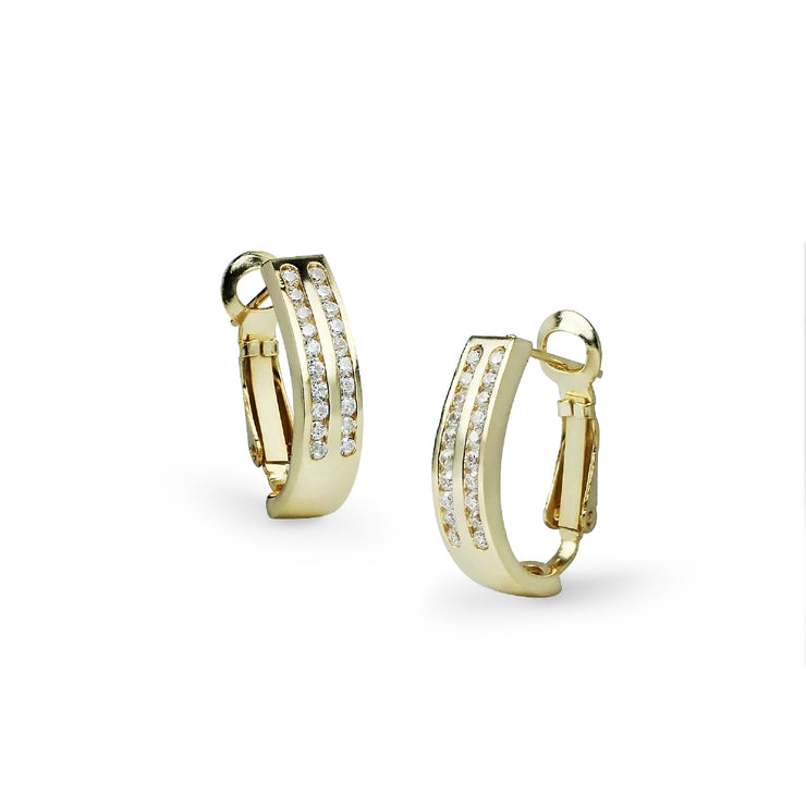 Yellow Gold Flashed Sterling Silver Cubic Zirconia Two Row Clutchless Oval Half Hoop Earrings