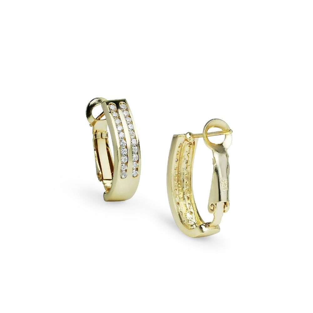 Yellow Gold Flashed Sterling Silver Cubic Zirconia Two Row Clutchless Oval Half Hoop Earrings-3