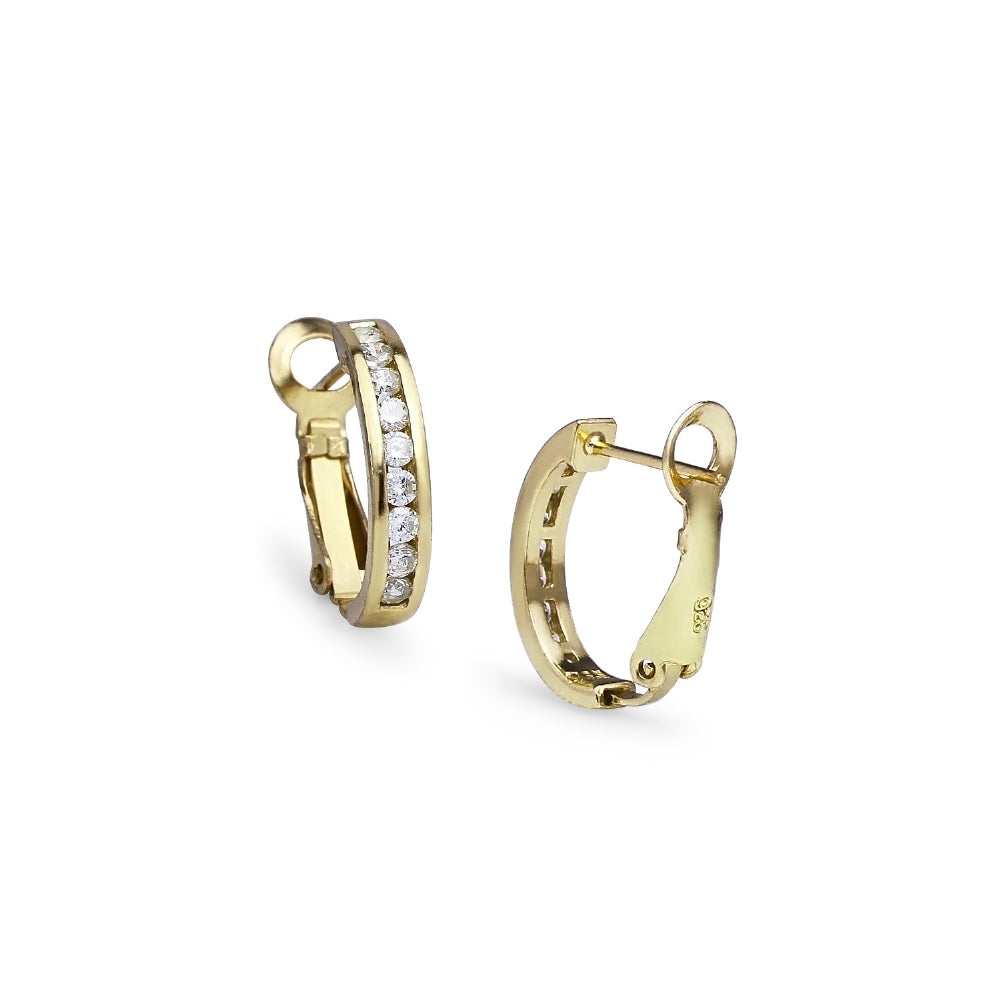 Yellow Gold Flashed Sterling Silver Cubic Zirconia 18mm Clutchless Channel Set Oval Half Hoop Earrings-3