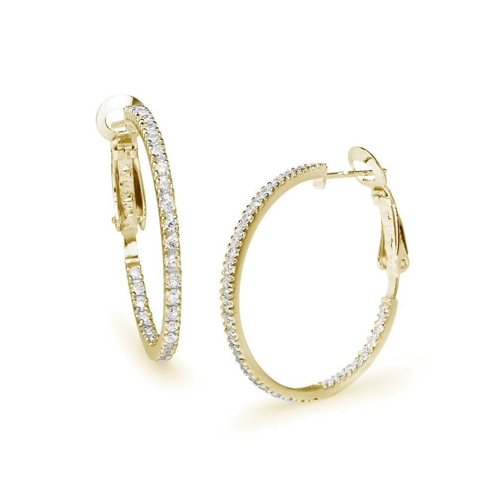 Yellow Gold Flashed Sterling Silver Cubic Zirconia Inside Out 2x30mm Clutchless Round Hoop Earrings-2