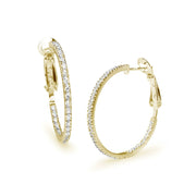 Yellow Gold Flashed Sterling Silver Cubic Zirconia Inside Out 2x30mm Clutchless Round Hoop Earrings