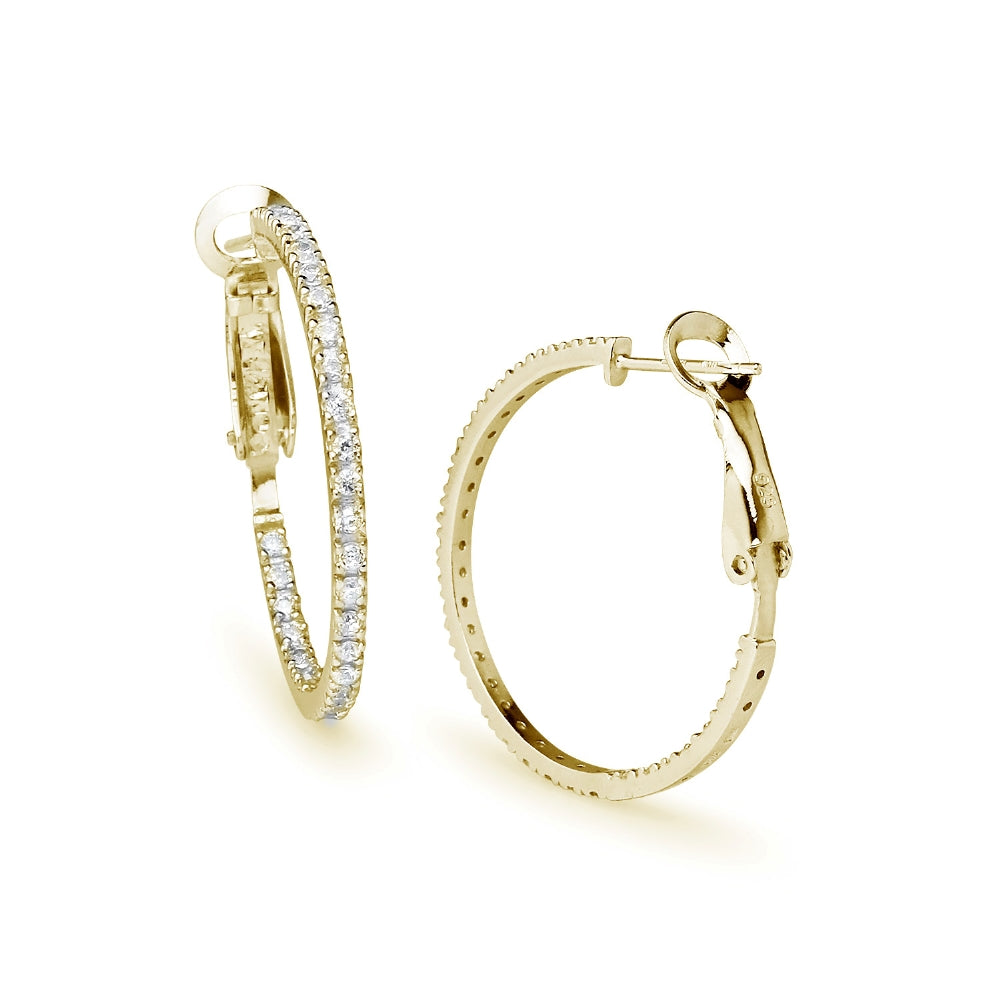 Yellow Gold Flashed Sterling Silver Cubic Zirconia Inside Out 2x30mm Clutchless Round Hoop Earrings-3