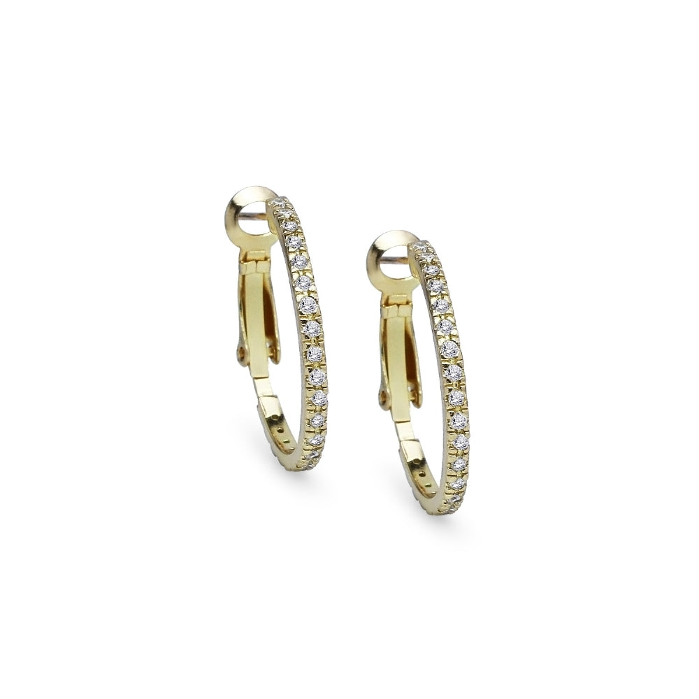 Yellow Gold Flashed Sterling Silver Cubic Zirconia Inside Out 2x25mm Clutchless Hoop Earrings