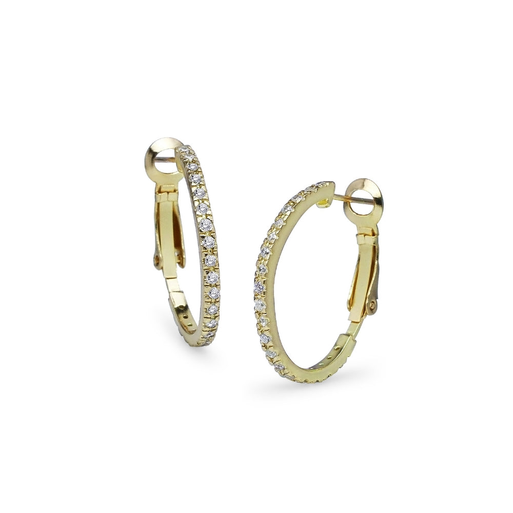 Yellow Gold Flashed Sterling Silver Cubic Zirconia Inside Out 2x25mm Clutchless Hoop Earrings-2