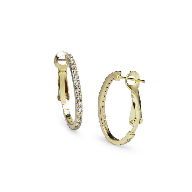 Yellow Gold Flashed Sterling Silver Cubic Zirconia Inside Out 2x25mm Clutchless Hoop Earrings