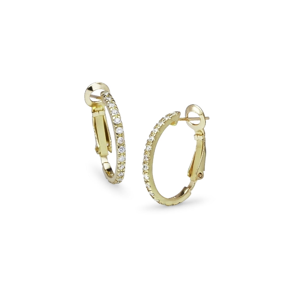 Yellow Gold Flashed Sterling Silver Cubic Zirconia Inside Out 2x20mm Clutchless Half-Oval Hoop Earrings-2