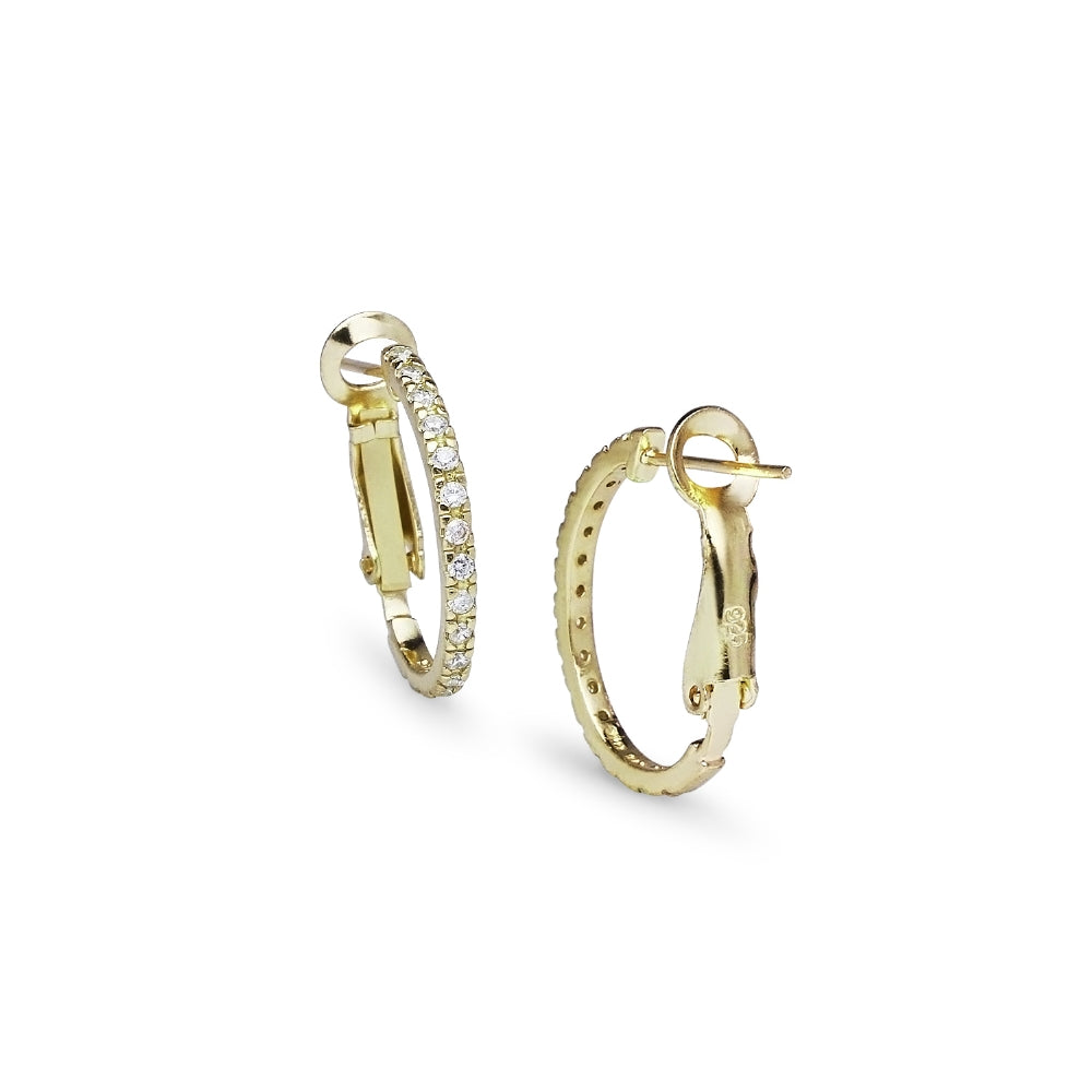 Yellow Gold Flashed Sterling Silver Cubic Zirconia Inside Out 2x20mm Clutchless Half-Oval Hoop Earrings-3