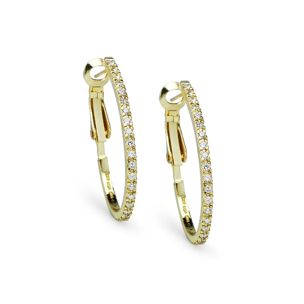 Yellow Gold Flashed Sterling Silver Cubic Zirconia 33mm Clutchless Oval Hoop Earrings