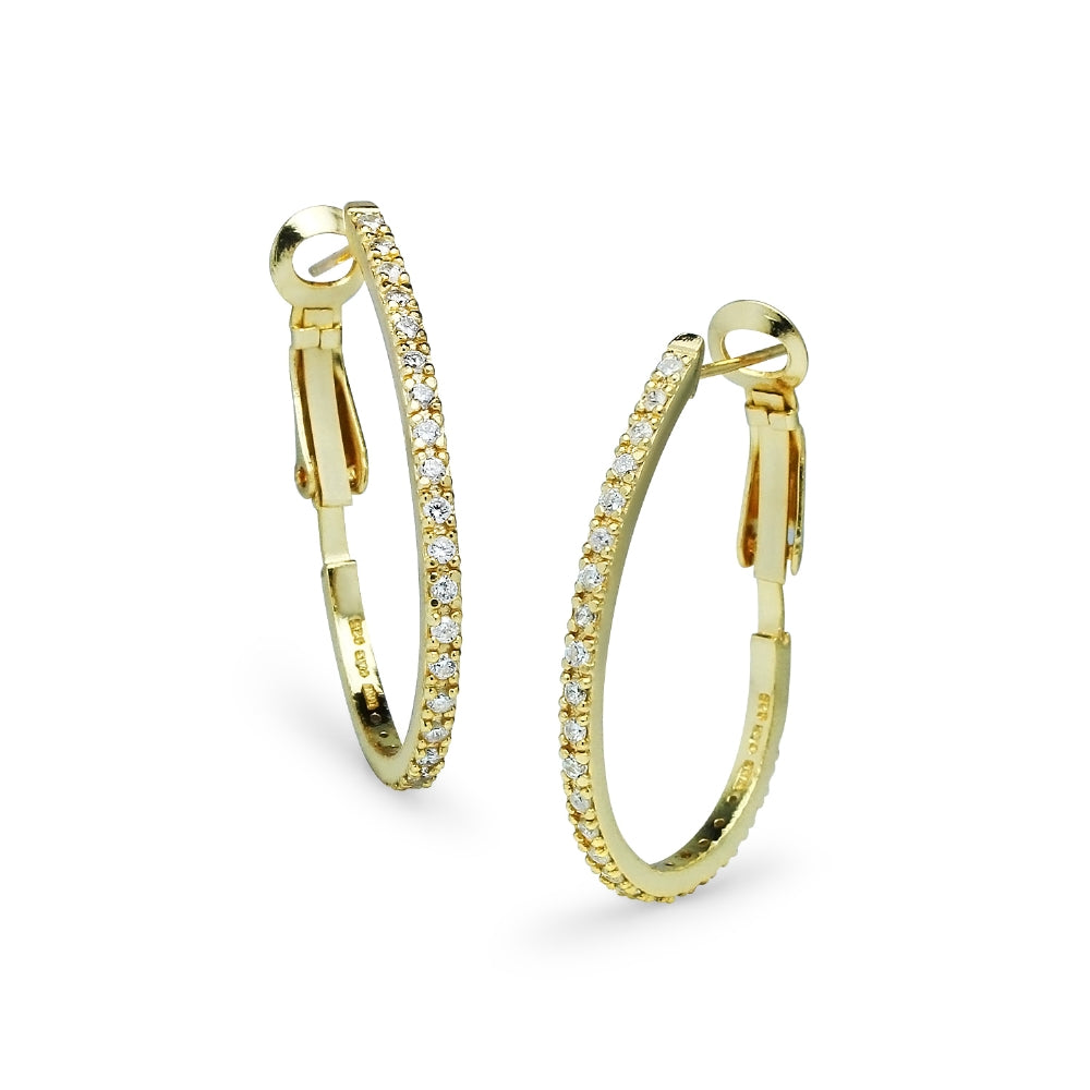 Yellow Gold Flashed Sterling Silver Cubic Zirconia 33mm Clutchless Oval Hoop Earrings-2