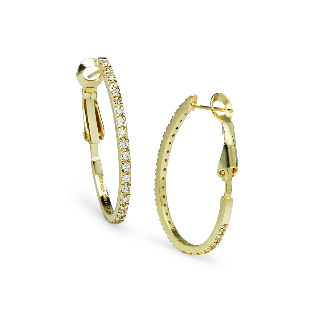Yellow Gold Flashed Sterling Silver Cubic Zirconia 33mm Clutchless Oval Hoop Earrings-3