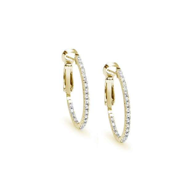 Yellow Gold Flashed Sterling Silver Cubic Zirconia 28mm Clutchless Oval Hoop Earrings