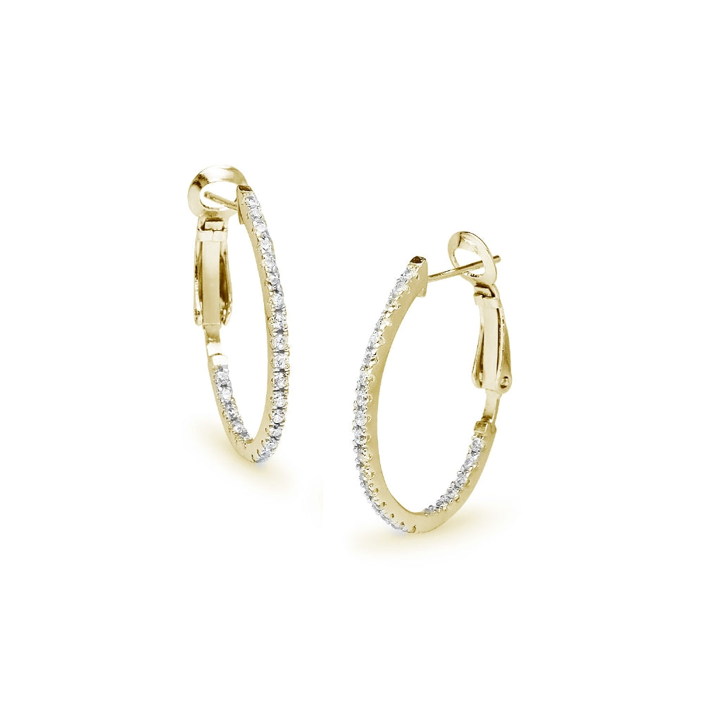 Yellow Gold Flashed Sterling Silver Cubic Zirconia 28mm Clutchless Oval Hoop Earrings-2
