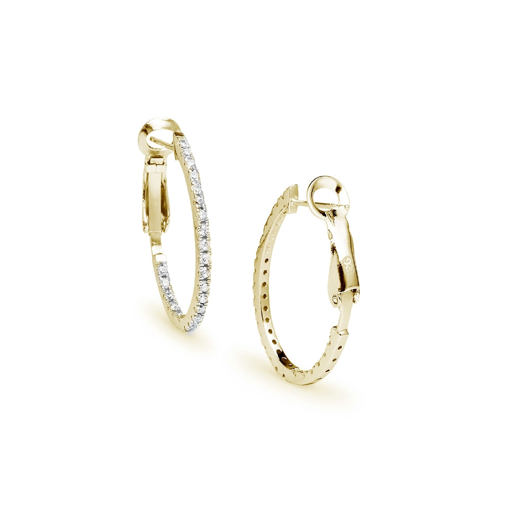 Yellow Gold Flashed Sterling Silver Cubic Zirconia 28mm Clutchless Oval Hoop Earrings-3