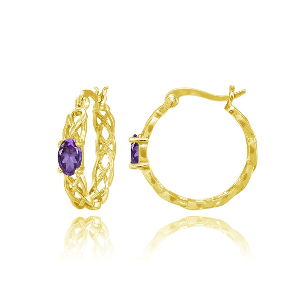 Yellow Gold Flashed Sterling Silver African Amethyst Celtic Knot Round Hoop Earrings