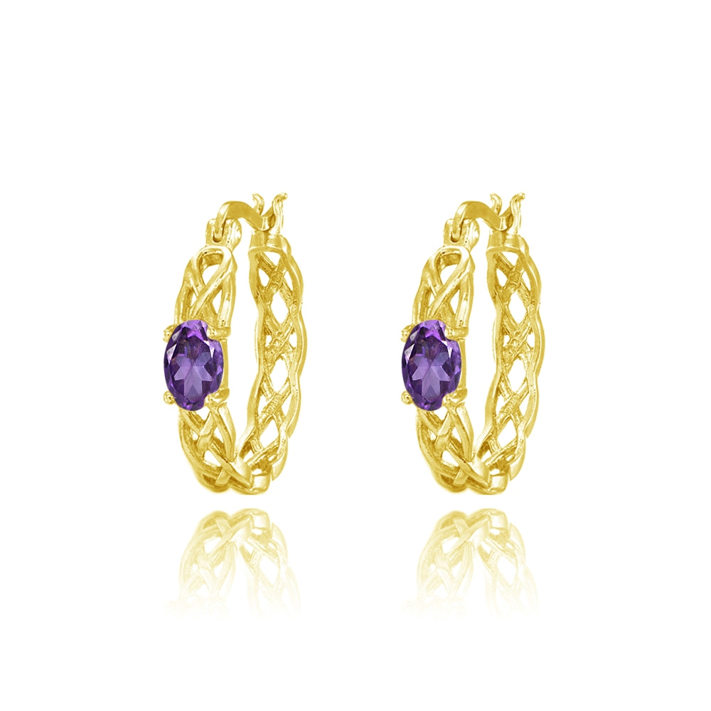 Yellow Gold Flashed Sterling Silver African Amethyst Celtic Knot Round Hoop Earrings-2
