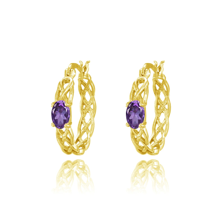Yellow Gold Flashed Sterling Silver African Amethyst Celtic Knot Round Hoop Earrings