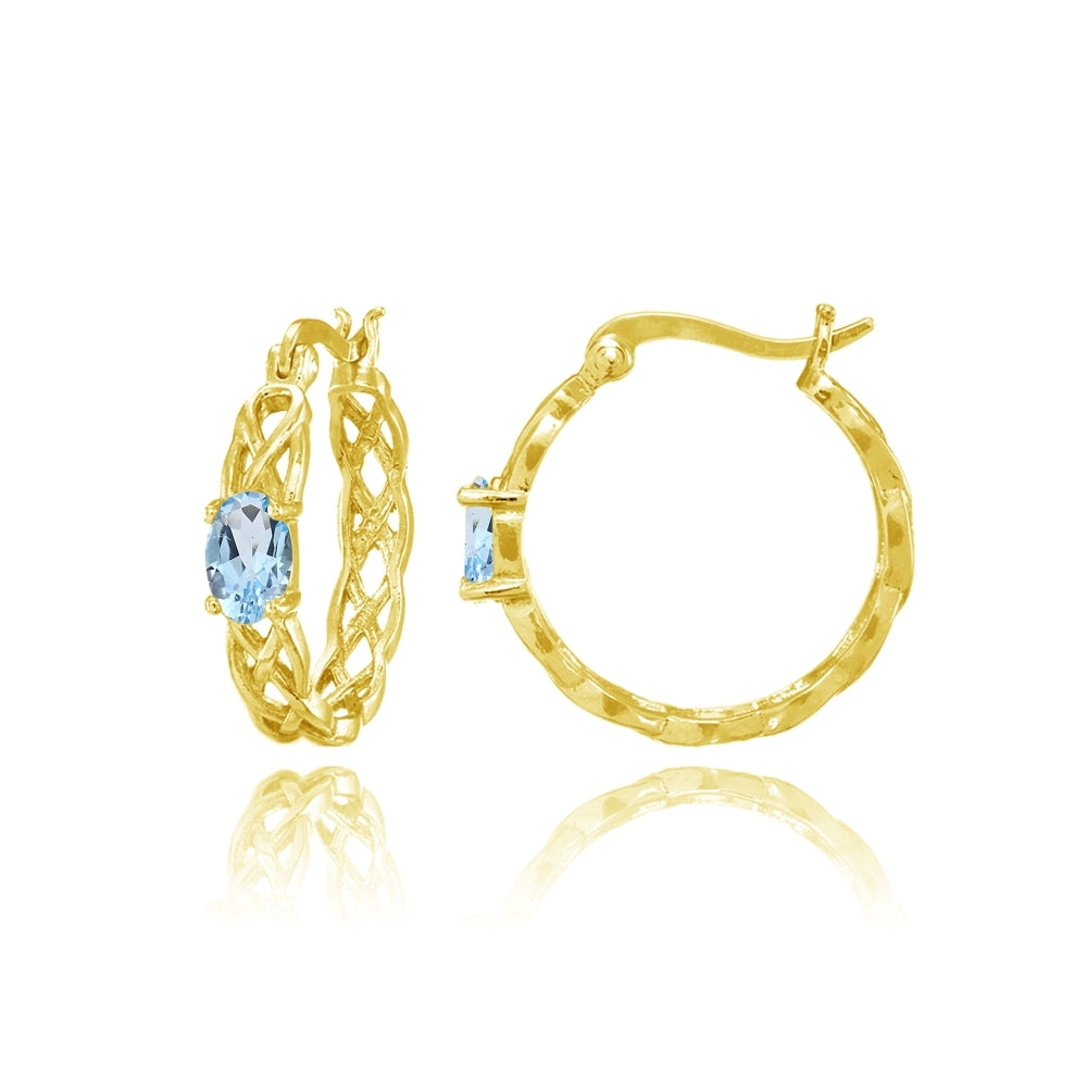 Yellow Gold Flashed Sterling Silver Blue Topaz Celtic Knot Round Hoop Earrings