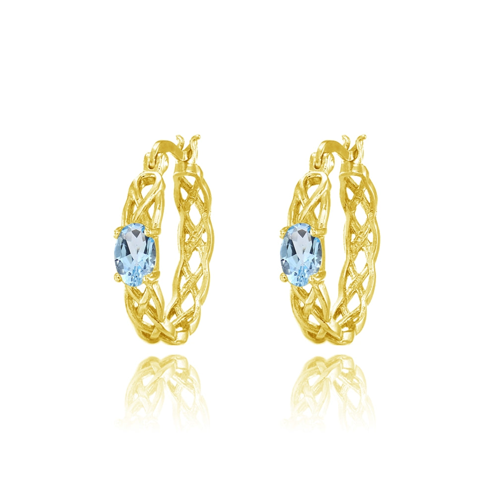 Yellow Gold Flashed Sterling Silver Blue Topaz Celtic Knot Round Hoop Earrings-2