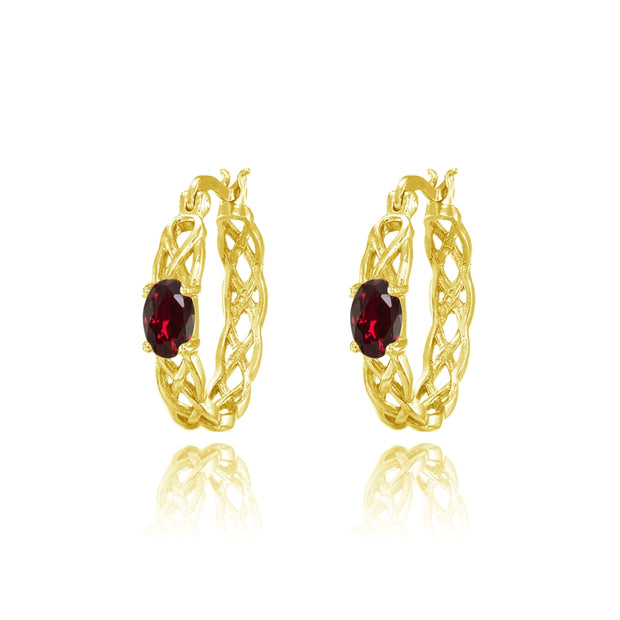 Yellow Gold Flashed Sterling Silver Created Ruby Celtic Knot Round Hoop Earrings