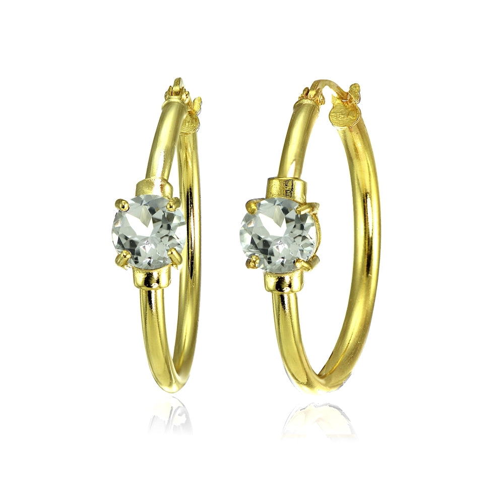 Yellow Gold Flashed Sterling Silver Aquamarine Solitaire 25mm Hoop Earrings