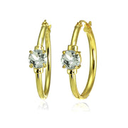 Yellow Gold Flashed Sterling Silver Aquamarine Solitaire 25mm Hoop Earrings