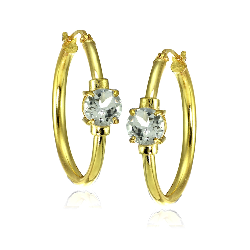 Yellow Gold Flashed Sterling Silver Aquamarine Solitaire 25mm Hoop Earrings-3