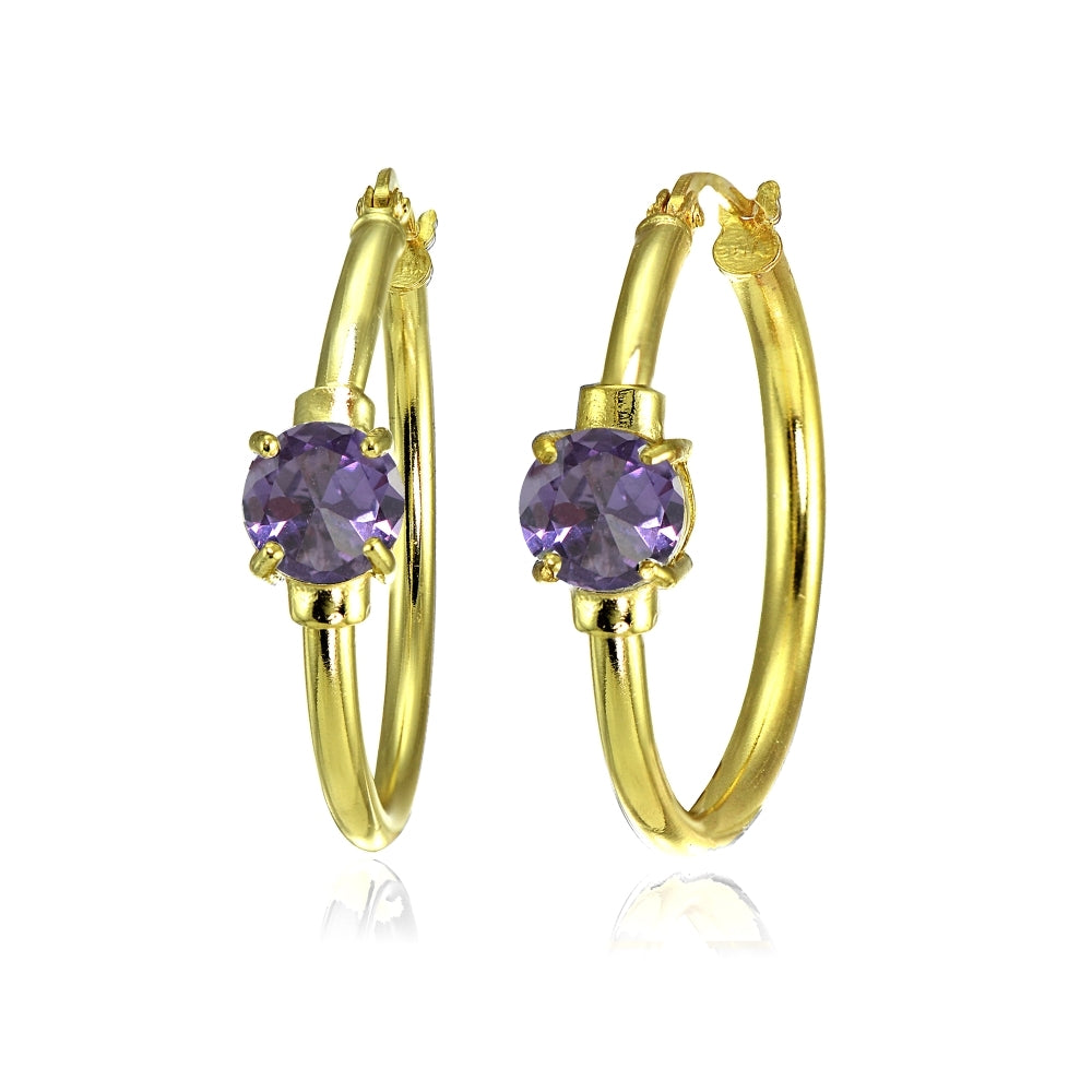 Yellow Gold Flashed Sterling Silver Created Alexandrite Solitaire 25mm Hoop Earrings