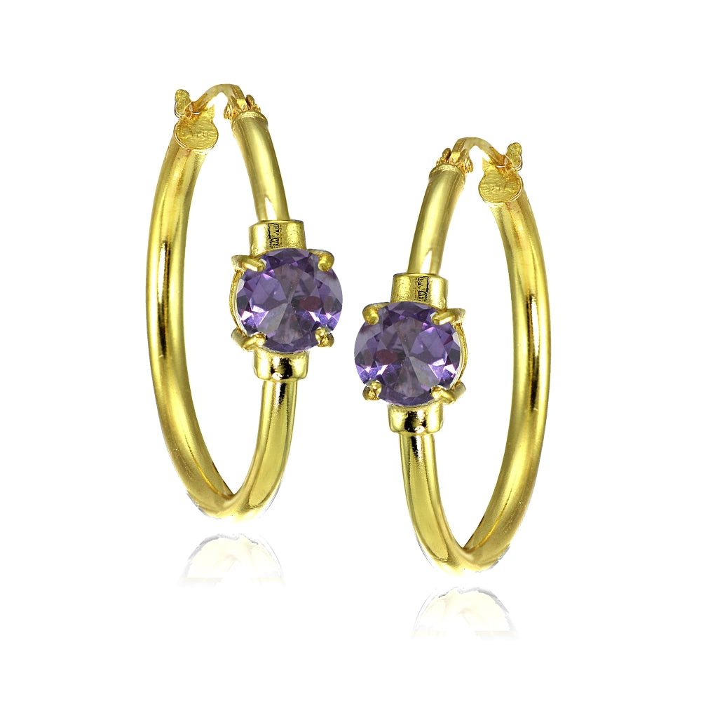 Yellow Gold Flashed Sterling Silver Created Alexandrite Solitaire 25mm Hoop Earrings-3