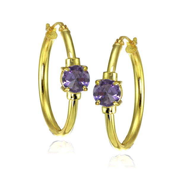 Yellow Gold Flashed Sterling Silver Created Alexandrite Solitaire 25mm Hoop Earrings