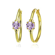 Yellow Gold Flashed Sterling Silver Amethyst Solitaire 25mm Hoop Earrings