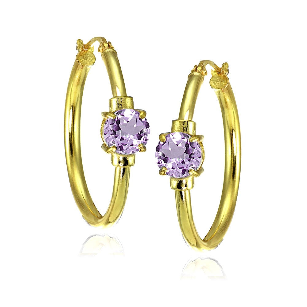 Yellow Gold Flashed Sterling Silver Amethyst Solitaire 25mm Hoop Earrings-3
