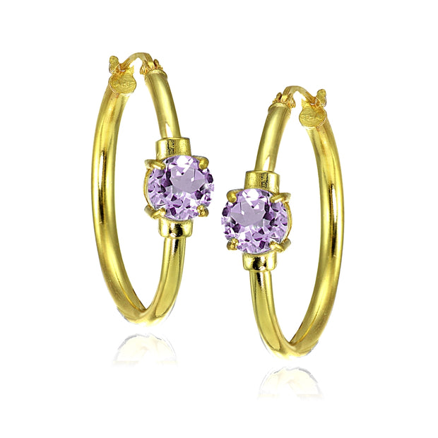 Yellow Gold Flashed Sterling Silver Amethyst Solitaire 25mm Hoop Earrings