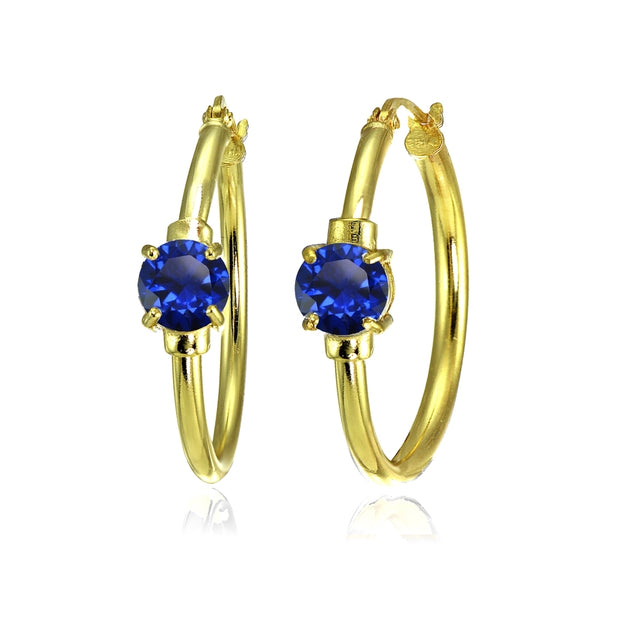 Yellow Gold Flashed Sterling Silver Created Blue Sapphire Solitaire 25mm Hoop Earrings