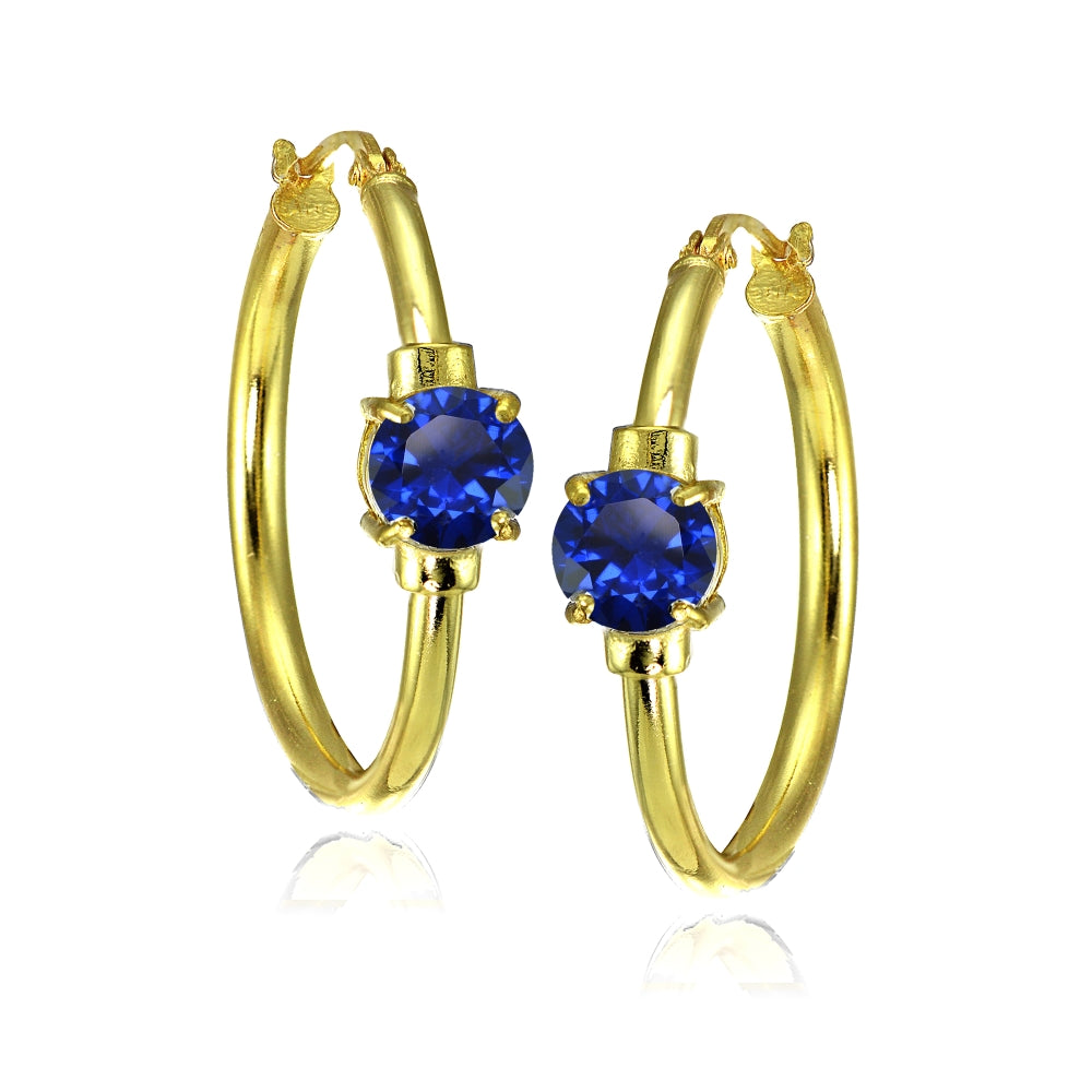 Yellow Gold Flashed Sterling Silver Created Blue Sapphire Solitaire 25mm Hoop Earrings-3