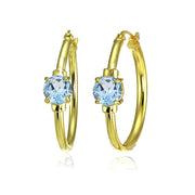 Yellow Gold Flashed Sterling Silver Blue Topaz Solitaire 25mm Hoop Earrings
