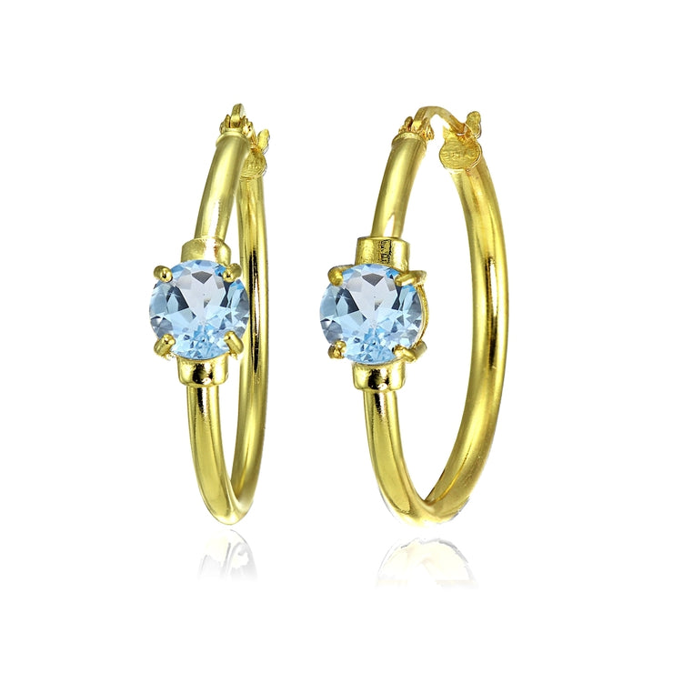 Yellow Gold Flashed Sterling Silver Blue Topaz Solitaire 25mm Hoop Earrings