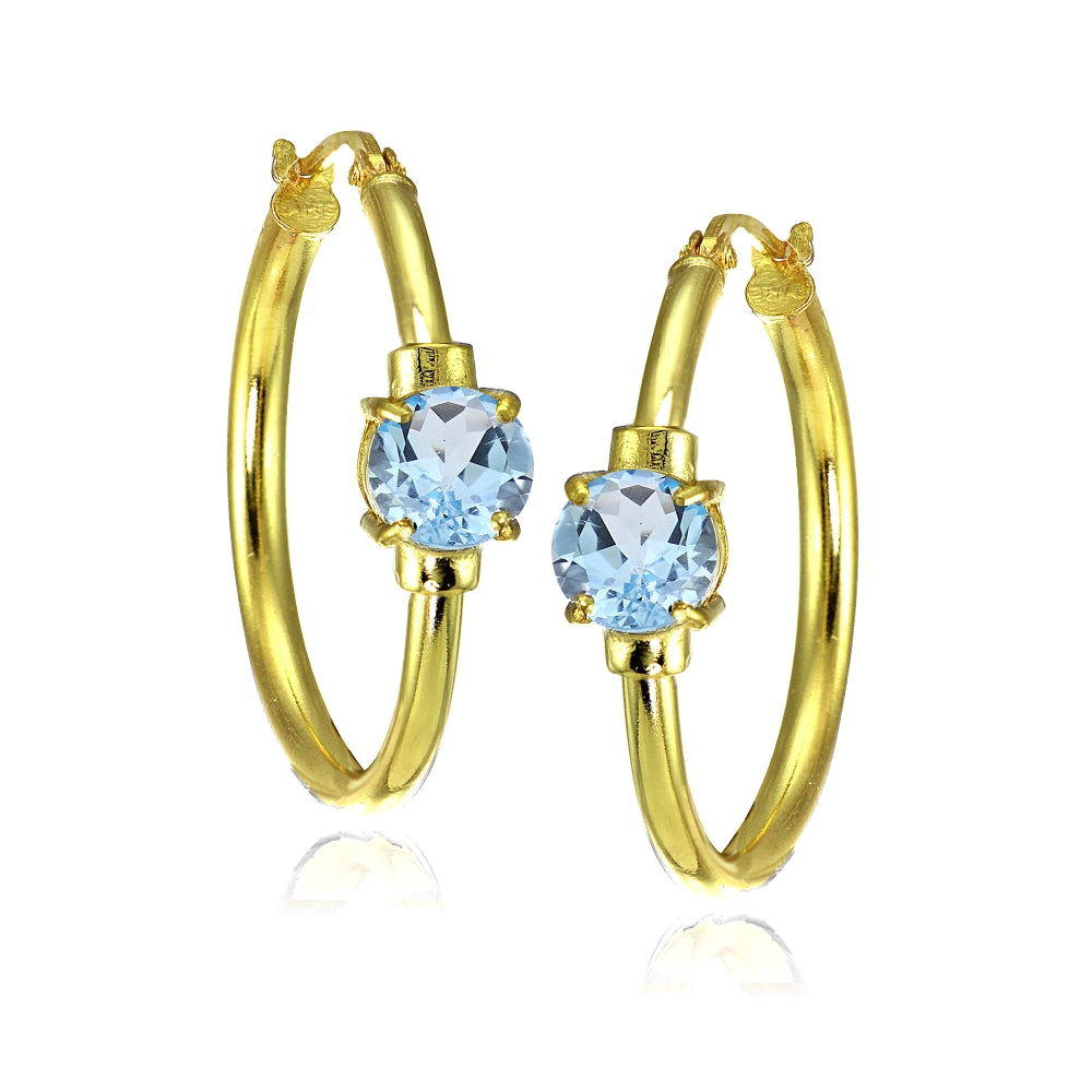 Yellow Gold Flashed Sterling Silver Blue Topaz Solitaire 25mm Hoop Earrings-3