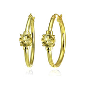 Yellow Gold Flashed Sterling Silver Citrine Solitaire 25mm Hoop Earrings