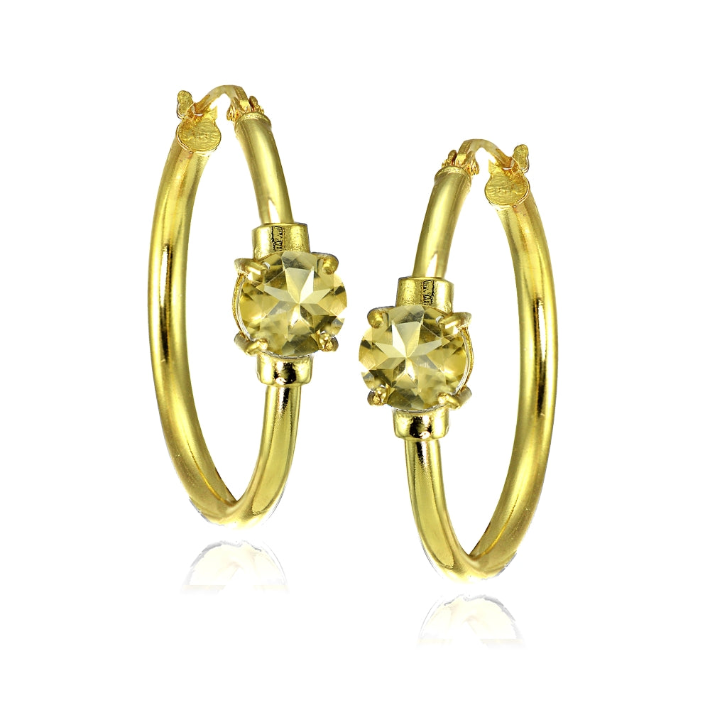 Yellow Gold Flashed Sterling Silver Citrine Solitaire 25mm Hoop Earrings-3